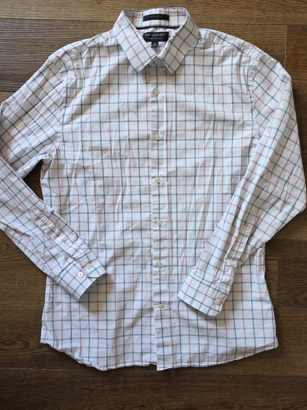 Banana Republic White Plaid Button-Down Shirt Wrinkle Free M Athletic Fit